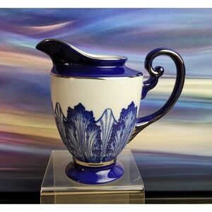 Bombay Co Creamer Footed Pitcher Cobalt Blue, White w/ Silver Trim - Vintage '98
